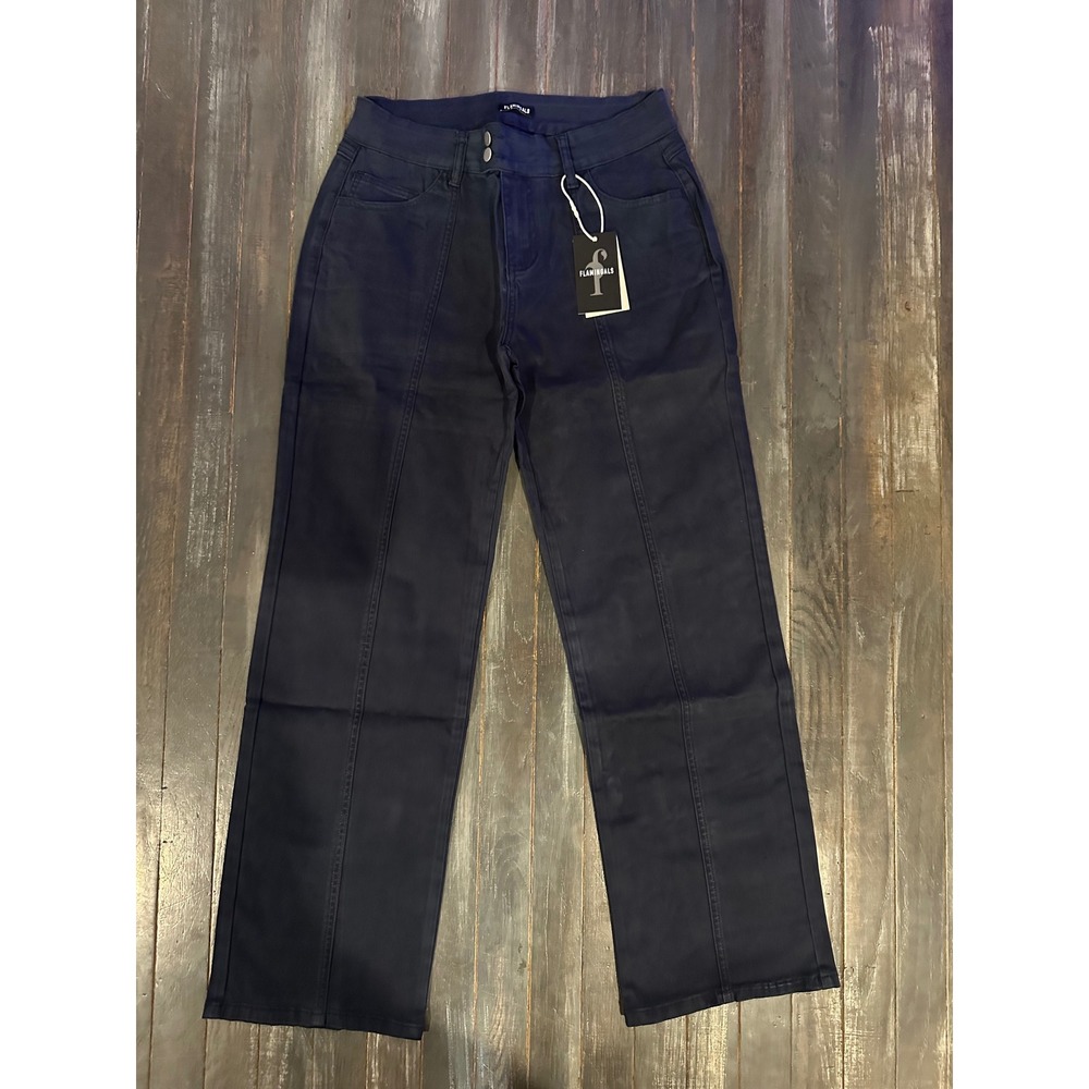 Flamingals Womens Navy Blue High Waisted Front Seam Wide Leg Trousers Pants New